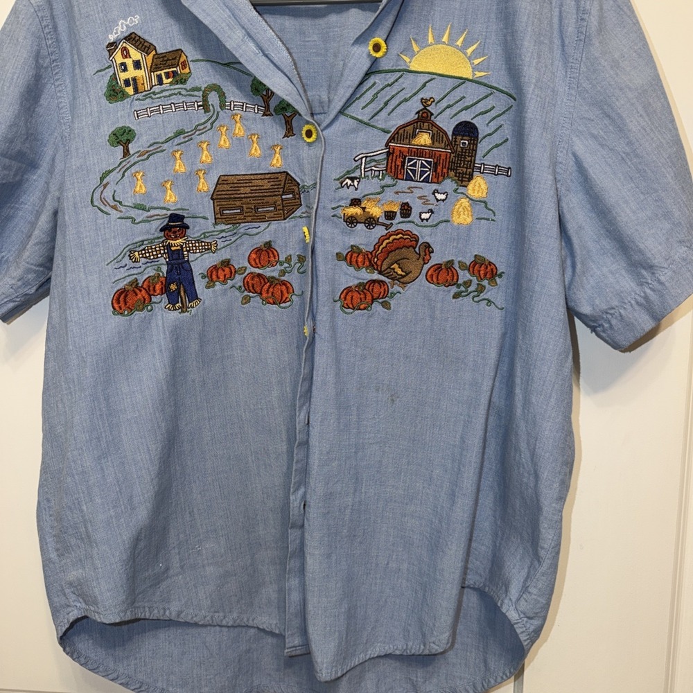 Vintage K Scott Thanksgiving Embroider Denim Shirt Turkey Pumpkin Halloween MED